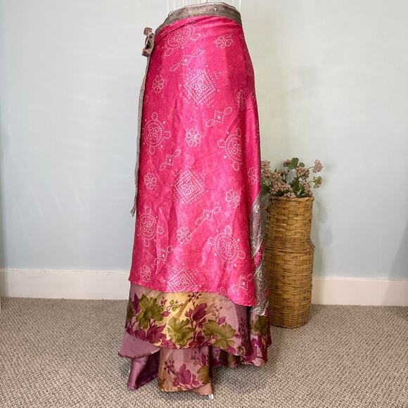 Stunning boho vintage flowy pink wrap silk magic peasant maxi skirt - Picture 2 of 6